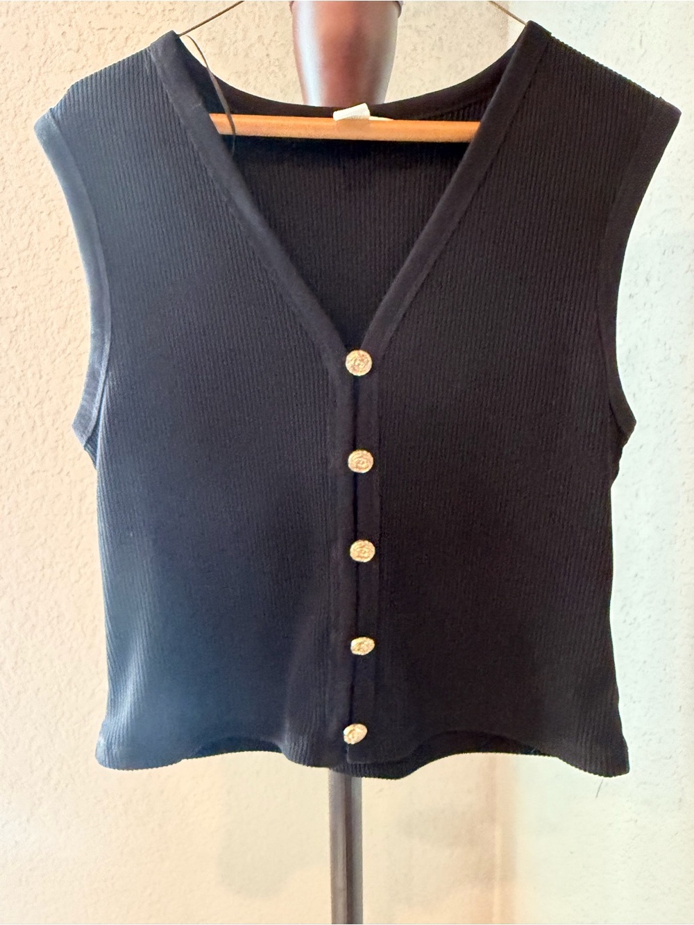 H&M Black Ribbed V-Neck Sleeveless Tank with Gold Buttons